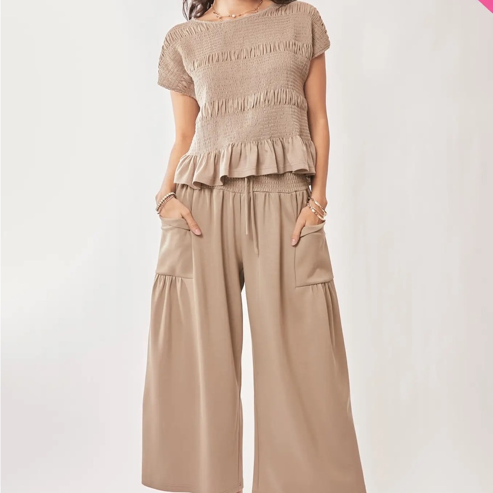 Bluivy Beige Wide-Leg Smocked Waist Pants - Picture 6 of 6